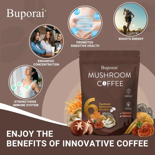 Miniatura 5 de Café de hongos, café instantáneo de hongos con 6 hongos melena de león, cordyceps, cola de pavo y otros para energía, concentración, digestión