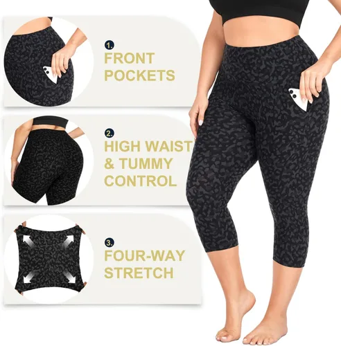 Miniatura 5 de MOREFEEL Leggings capri de talla grande para mujer con bolsillos, elásticos XL-4XL, control de abdomen, cintura alta, pantalones de yoga negros