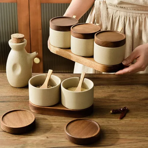 Miniatura 6 de Tarros de especias Tarro de condimentos de cerámica áspera de estilo japonés chino retro cocina tarro de condimentos de cerámica tarro de sal caja