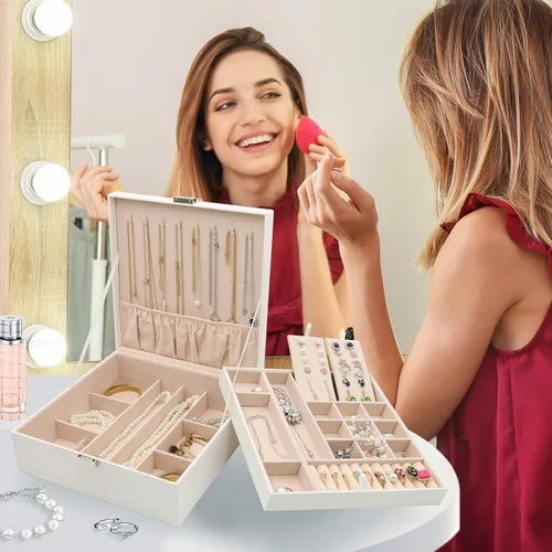 Miniatura 7 de ProCase - Joyero grande de cuero con dos niveles para organizar aretes pulseras anillos relojes para mujeres niñas regalo ideal para novia o esposa