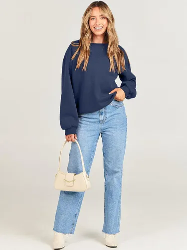 Miniatura 9 de ANRABESS Sudadera de manga larga para mujer, casual, cuello redondo, ajuste holgado, sudadera con capucha de forro polar para otoño