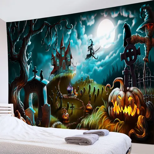 Miniatura 28 de HVEST Tapiz de noche de Halloween, tapiz para colgar en la pared, bosque embrujado con tumba y calabazas, manta de pared para dormitorio, sala