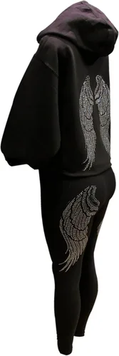 Miniatura 6 de Plata y Negro Rhinestone alas de ángel manga larga Capucha cierre Suéter Negro