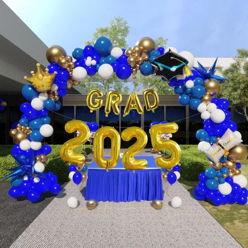 Miniatura 7 de Kit de arco de guirnalda de globos de graduación con temática azul con globos de aluminio para estudiantes universitarios de secundaria, clase