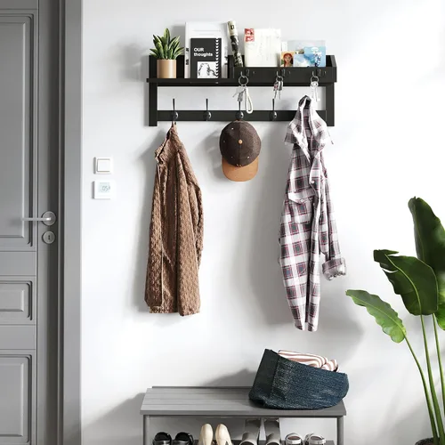 Miniatura 8 de AMBIRD Ganchos de pared con estante, ganchos de abrigo de madera para entrada de 26.57 pulgadas para pared, perchero de pared montado en pared con 5