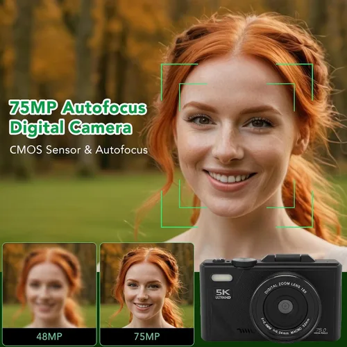 Miniatura 3 de Cámara digital 5K para fotografía con 3 pantallas abatibles de 180°, cámara de vlogging de 75MP para, cámara compacta HD, zoom digital 18X, cámaras