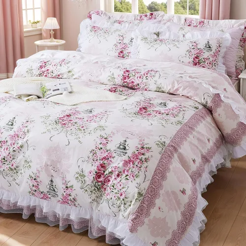 Miniatura 6 de FADFAY, Juego de ropa de cama romántica con estampado de flores, juego de cama floral, funda de edredón con volantes de encaje de princesa