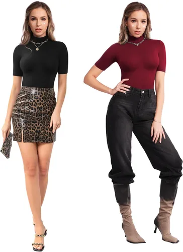 Miniatura 5 de MANGOPOP Camiseta ajustada de manga larga con cuello alto falso para mujer, manga 34