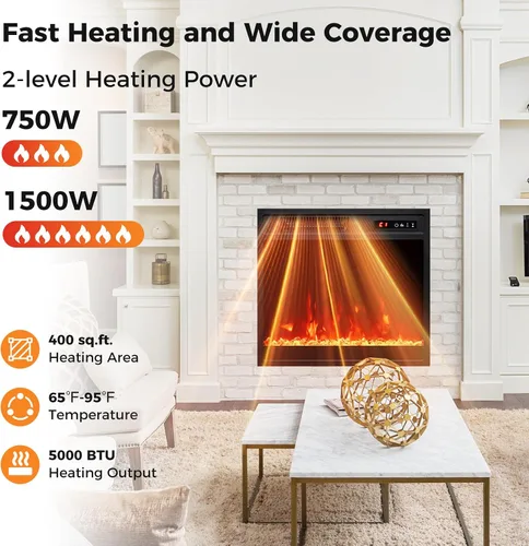 Miniatura 3 de Tangkula - Chimenea eléctrica de 18 pulgadas, inserto de chimenea de 5,000 BTU con control remoto, piedras de cristal, 3 colores de llama y 5