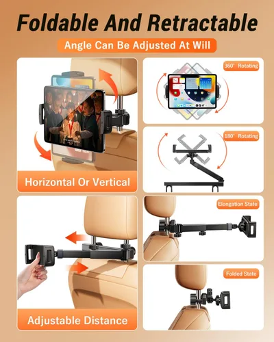 Miniatura 2 de Soporte para tablet con brazo de extensión para reposacabezas de automóvil, soporte ajustable para iPad para asiento trasero de automóvil, orientado