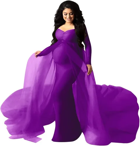 Vestido de maternidad de manga larga con hombros descubiertos para mujer, de tul elegante, ajustado, para baby shower, fotografía, maxi vestido para