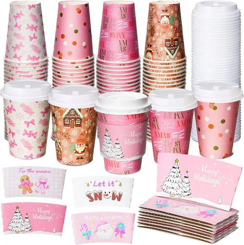 Miniatura 9 de Yungyan Paquete de 100 Tazas de Café Desechables de Navidad de 12 oz con Tapas y Mangas, Tazas de Café de Papel Aisladas con Tapas de Cúpula