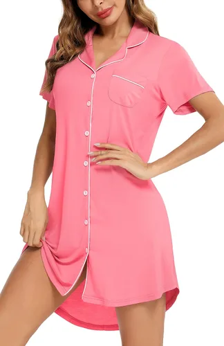 Miniatura 9 de Samring Camisón de pijama para mujer, manga corta/larga, con botones, camisón para dormir, camisón para novio, talla XXL