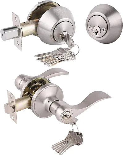 Miniatura 16 de Gobrico Juego de cerradura de palanca de puerta delantera/exterior con cerrojo de doble cilindro con llave similar, acabado de níquel satinado