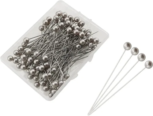 HJ Garden 1 caja de 100 piezas de agujas de 0.236 x 2.394 pulgadas, alfileres de cabeza de perla, alfileres rectos para coser manualidades, Gris
