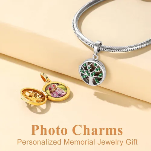 Miniatura 12 de Custom4U Photo Charms for Bracelets 925 Sterling Silver/Gold Plated Heart/Tree of Life/Round Charm Bead Personalized with Picture Custom