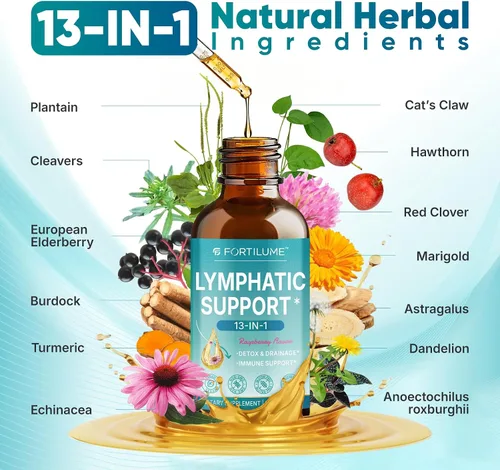 Miniatura 3 de Gotas de drenaje linfático liposomal, gotas de apoyo linfático 13 en 1 con saúco y equinácea, apoyo del sistema inmunológico y linfático, sabor a