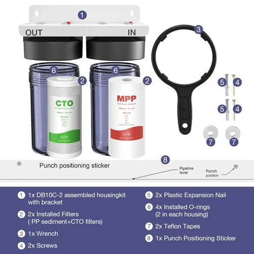 Miniatura 7 de SimPure Sistema de filtro de agua para toda la casa, 2 etapas de prefiltración de agua transparente para el hogar con filtros de carbono