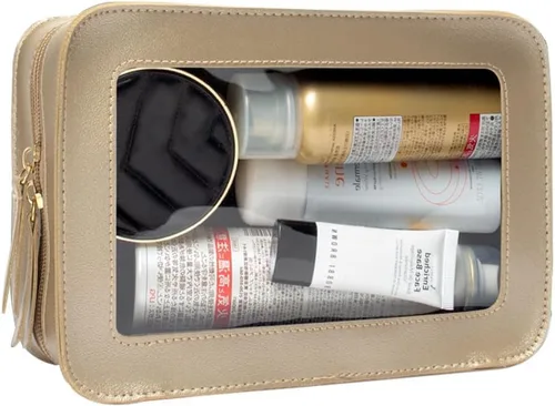 Miniatura 5 de Bolsa de maquillaje transparente pequeña, aprobada por la TSA, bolsa de aseo portátil con cremallera, bolsa de viaje para cosméticos, estuche Dorado