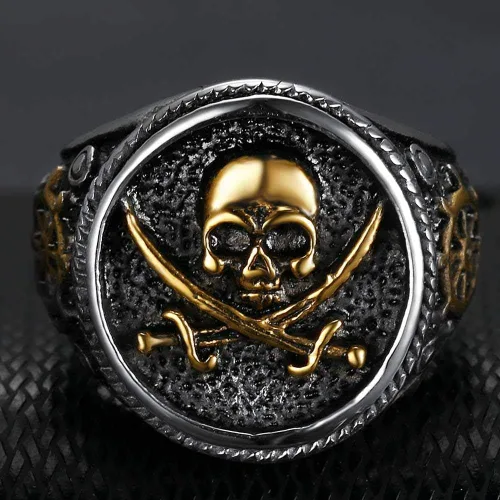 Miniatura 4 de Jude Jewelers Anillo de acero inoxidable antiguo con diseño de calavera pirata para Halloween, cóctel, fiesta, motociclista