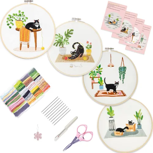 Miniatura 10 de Bonroy 4 juegos de kit de bordado para principiantes de manualidades artísticas de costura fácil incluye ropa de bordado con patrón, aro, manual