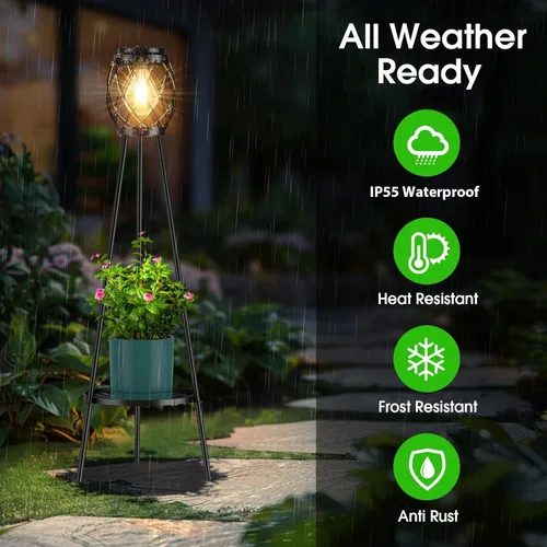 Miniatura 3 de MXwcy Lámpara de pie solar con soportes para plantas, luces solares para exteriores con bombillas LED Edison vintage, luces de jardín resistentes a