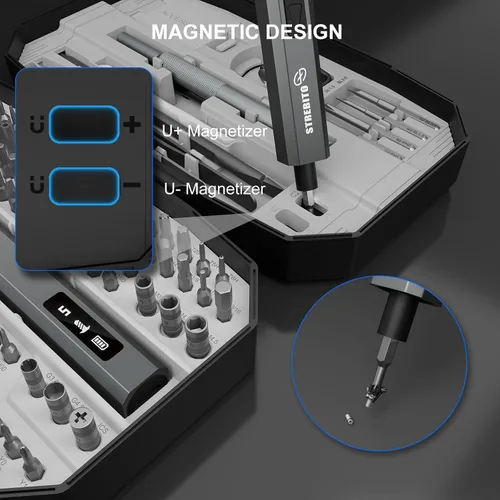 Miniatura 6 de STREBITO Juego de destornilladores eléctricos 155 en 1, destornillador eléctrico pequeño inalámbrico con 140 puntas magnéticas S2, kit de Gris