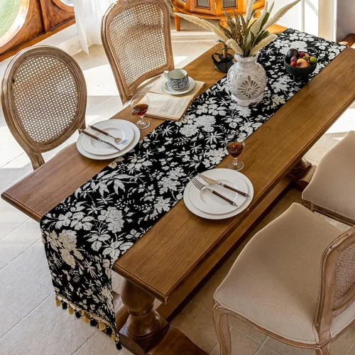Miniatura 4 de Camino de mesa botánico floral para sala de estar, camino de mesa de comedor de flores jacquard con borlas, moderno, decorativo, elegante, natural