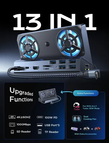 Miniatura 3 de LISEN Estación de acoplamiento 10 en 1 para Steam Deck OLED y ROG Ally X y Legion Go, ventilador de enfriamiento dual 5 puertos USB y 4K @60Hz