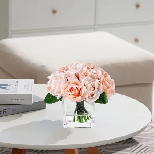 Miniatura 4 de 18 cabezas de rosas de seda en jarrón, arreglo floral artificial en jarrón con agua falsa para decoración del hogar (rosa)