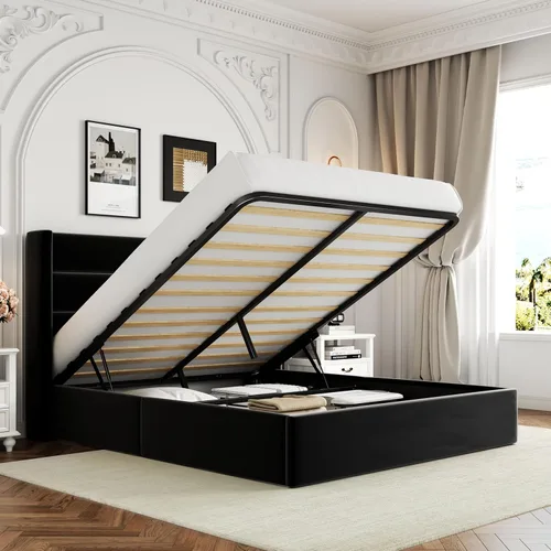 Miniatura 16 de Allewie Cama de Almacenamiento Elevable Tamaño Completo, Cabecero Capitonado con Botones con Respaldo de Ala, Soporte Hidráulico, No Necesita Gris