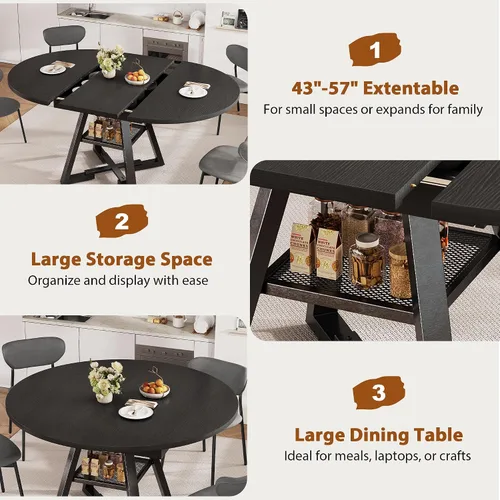 Miniatura 8 de Mesa de comedor redonda extensible de 43 a 57 pulgadas para 4-6, moderna mesa de comedor ovalada de cocina industrial con hojas extraíbles, base
