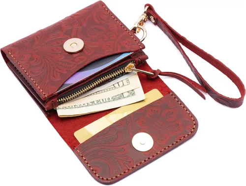 Miniatura 8 de Toros Craft Handmade Leather Wallets for Women, Western Wristlet Wallets, Floral Leather Small Credit Card Holder with Zipper, Minimalist & Cute