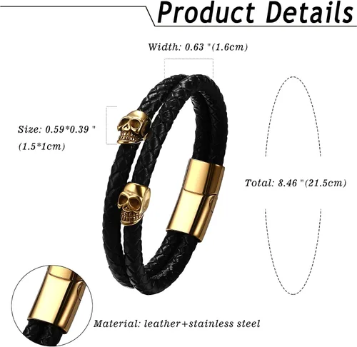 Miniatura 6 de NMQLX Pulsera de cuero, pulsera de calavera punk, pulseras de cuero trenzadas, pulsera gótica vintage para hombres