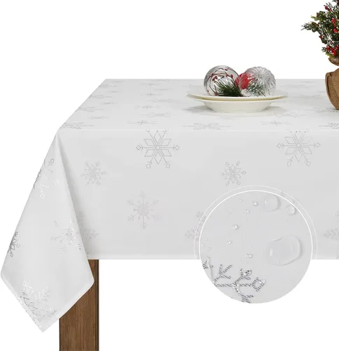 Miniatura 10 de Mantel de Navidad, mantel de copo de nieve gris y blanco, mantel impermeable de Navidad gris para comedor, cocina, vacaciones de invierno, funda