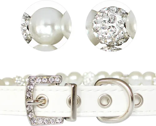 Miniatura 6 de Collares de perlas para perros y gatos con decoración de diamantes de imitación de cristal, ajustable, lindo collar de piel sintética para mascotas