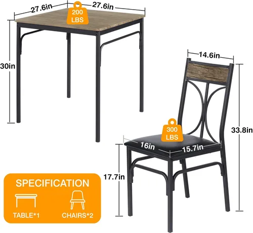Miniatura 9 de VECELO Juego de mesa de comedor de 3 piezas para 2, juego de mesa de cocina con 2 sillas para espacio pequeño, ahorro de espacio y diseño moderno
