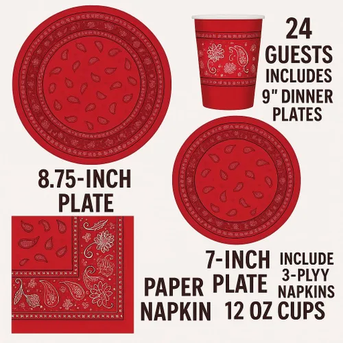 Miniatura 2 de Oojami Sirve 24 – Bandana roja suministros para fiesta occidental – Paquete completo de fiesta con platos llanos de 9 pulgadas, platos de postre