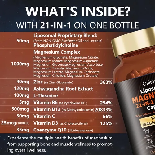 Miniatura 2 de 2 Paquetes de Cápsulas de Complejo de Magnesio Liposomal con 12 Tipos Activos 1400mg (Glicinato, Citrato, Malato, etc.) - con Vitamina D3, B6, B12