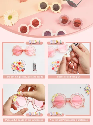 Miniatura 10 de Dunzy 10 pares de lentes de sol redondos de flores para niños, gafas de bricolaje para exteriores, con 50 margaritas, 100 cuentas de letras al azar