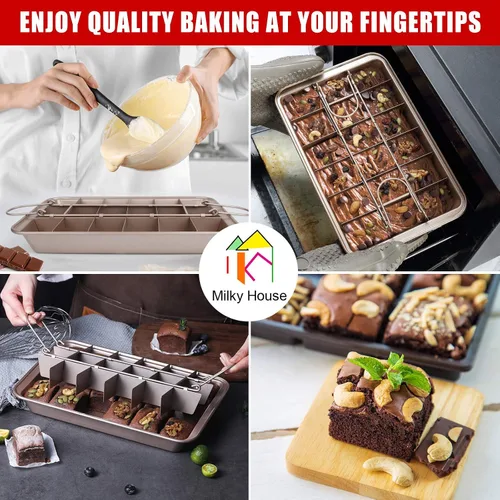Miniatura 6 de Bandejas para brownie con divisores, bandeja antiadherente para hornear brownie con rebanadoras, bandeja para hornear con 18 moldes precortados