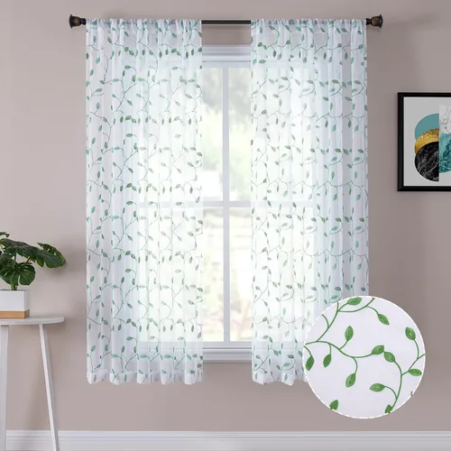 Miniatura 15 de Tollpiz Cortinas Cortas Transparentes de Hojas con Bordado de Hojas Grises, Cortinas de Dormitorio con Bolsillo para Barra, Voile de Lino Sintético