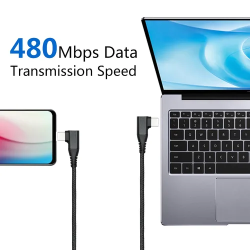 Miniatura 5 de Cable USB C a USB C en ángulo recto de 3.3 ft/3 pies, 90 grados, 60 W, PD tipo C, cable trenzado de nailon de carga rápida y transmisión de datos