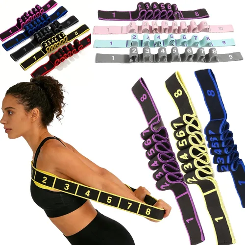 Miniatura 10 de Banda de resistencia de fitness para estiramiento y yoga, banda de resistencia de yoga ajustable de 8 segmentos con asas para brazos, ejercicio