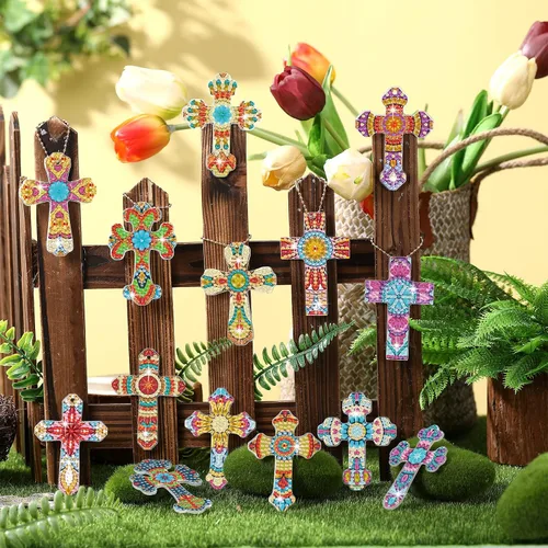Miniatura 2 de Inbagi 15 piezas de llaveros de pintura de diamante con cruz de Pascua, 5D, bricolaje, cruz de diamante, llaveros colgantes para regalos de fiesta