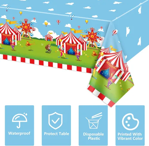 Miniatura 7 de Paquete de 4 manteles con temática de circo, 51 x 87 pulgadas, mantel rectangular desechable de plástico para carnaval, mantel a rayas rojas