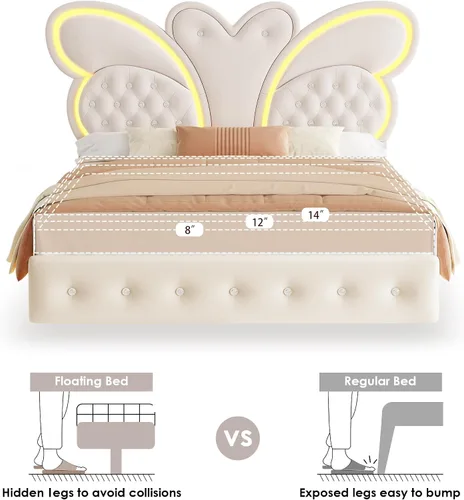 Miniatura 5 de Keyluv Base de cama Queen con cabecera tapizada con patrón de mariposa, moderna cama flotante con luces LED, botón copetudo en cabecero y estribo