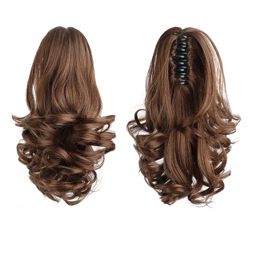 Miniatura 29 de Extensiones de cola de caballo, extensiones de cabello rizado con clip de garra de color marrón oscuro para mujer, peluca sintética de cola