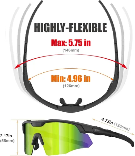 Miniatura 6 de Gafas de sol de béisbol pequeñas envolventes para jóvenes, niños y mujeres, para correr, ciclismo, deportes al aire libre S598 Negro/Amarillo Verde