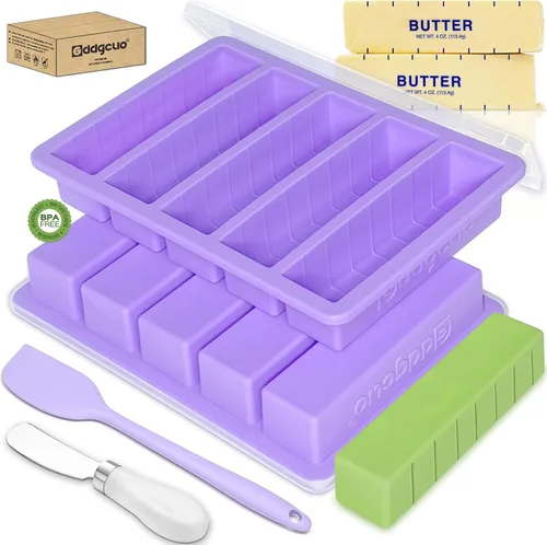 Miniatura 10 de Moldes de silicona para mantequilla con tapa, bandeja de mantequilla antiadherente con cuchillo de mantequilla y espátula, marco de acero reforzado